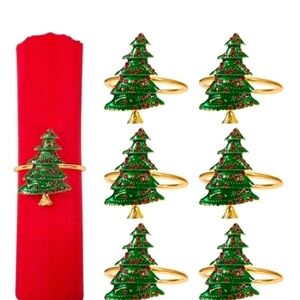Christmas Napkin Holder Golden Rings Set of 6 Xmas Tree with Red Berries
